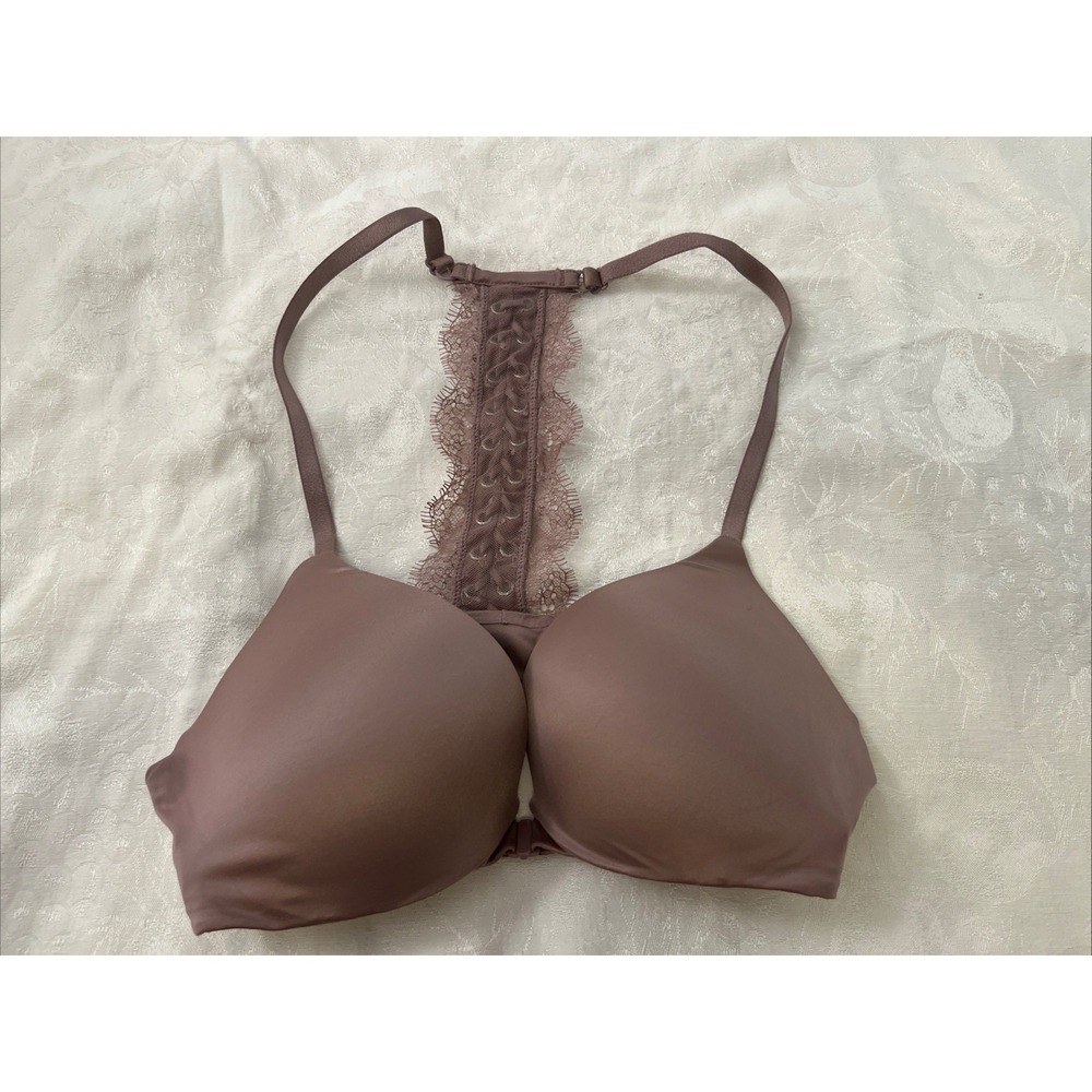 Victoria's Secret Push Up Bra 32C Tan With Gold Lace Racerback Front Clasp